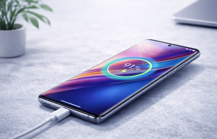 Motorola Edge 50 Pro 5G connected to fast charger during charging