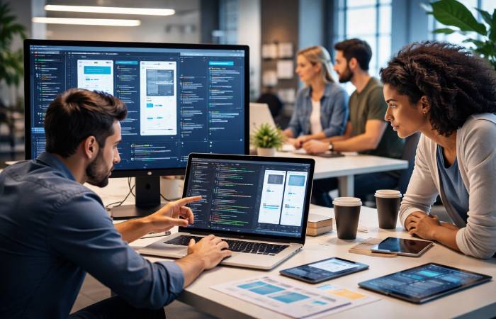 developers collaborating on web and app development projects using modern digital tools
