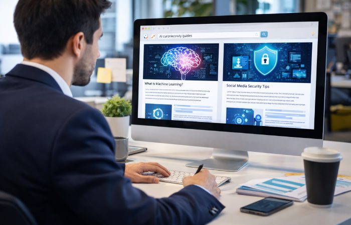 professional researching artificial intelligence and cybersecurity guides on computer