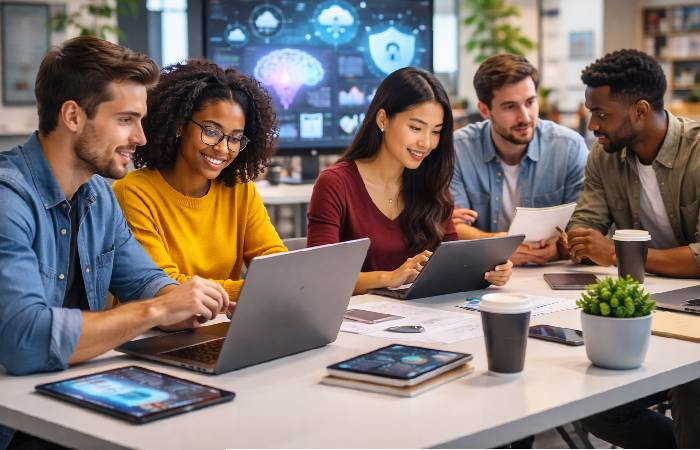 students entrepreneurs and professionals learning digital technology concepts together