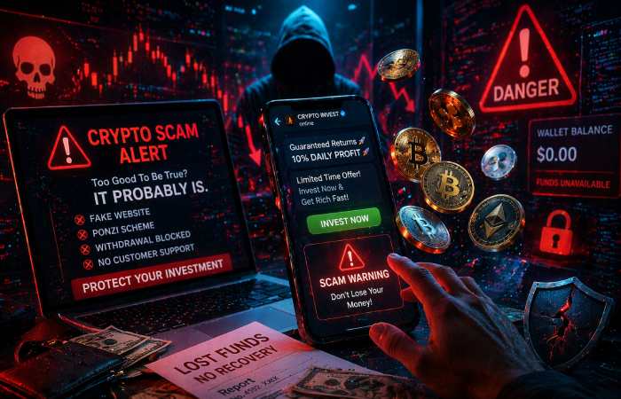 person looking concerned at crypto investment dashboard on laptop