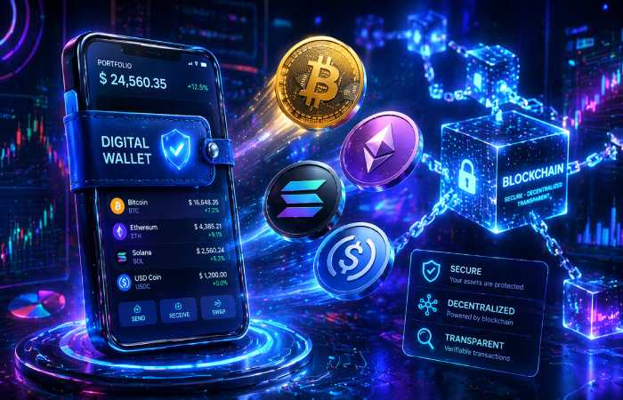 digital cryptocurrency token concept with wallet and blockchain network