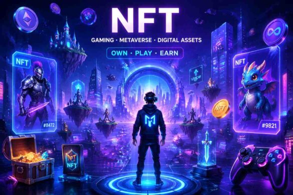 futuristic digital metaverse environment with NFT assets and gaming elements